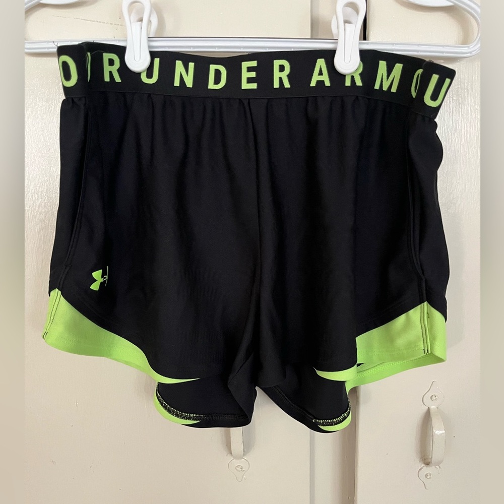 Under Armour Women's Black and Neon Green Athletic Shorts